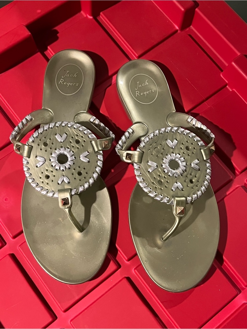 Jack Rogers Olive Green Jelly Medallion Sandals with Silver Accents